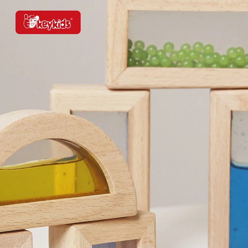 Wooden Sensory Rainbow Blocks Set with Liquid, Beads & Sand Kids Educational Construction Toy W13A342